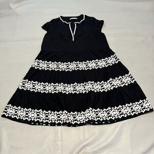 Roller Rabbit Women Midi Dress Black White Embroider Tier Cottage Prairie-S-3174
